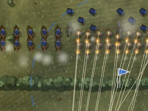 Union line firing a volley across a field at Gettysburg