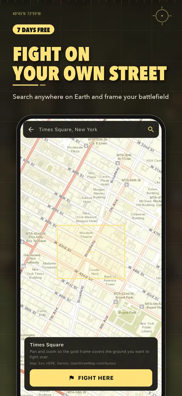 Picking a battlefield on the world map in Any War: a gold frame over Times Square, New York