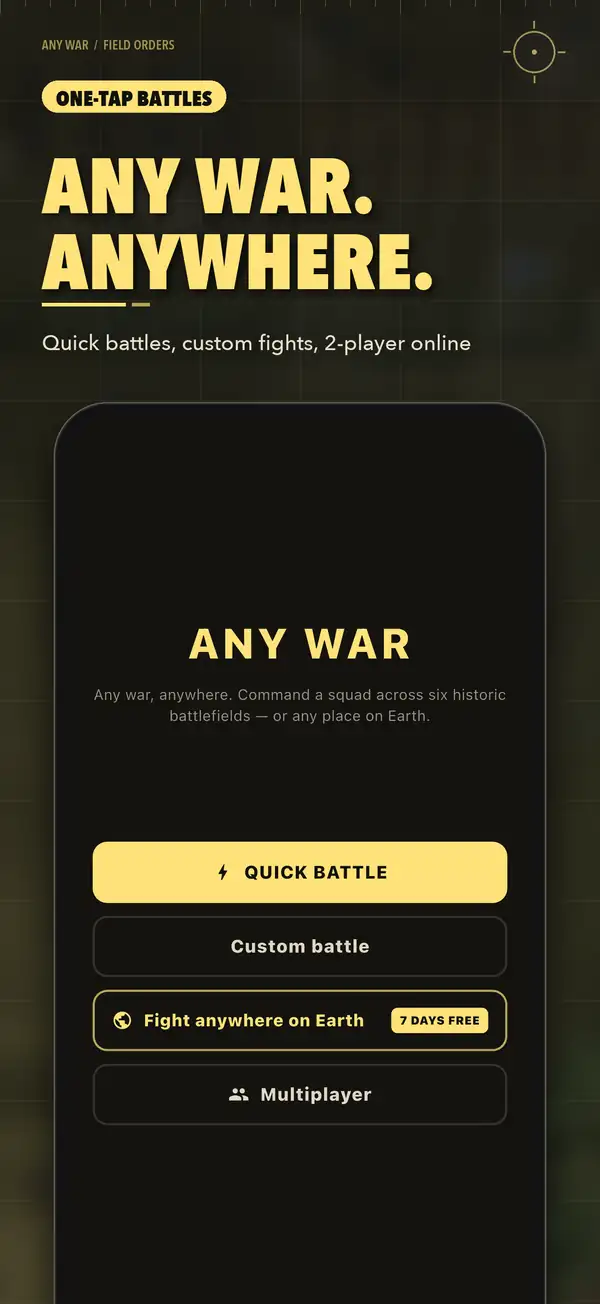 Any War home screen with quick battle, custom battle and multiplayer