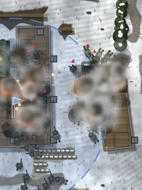 Bastogne in Any War: snow-covered buildings and smoke as the Germans attack the American line